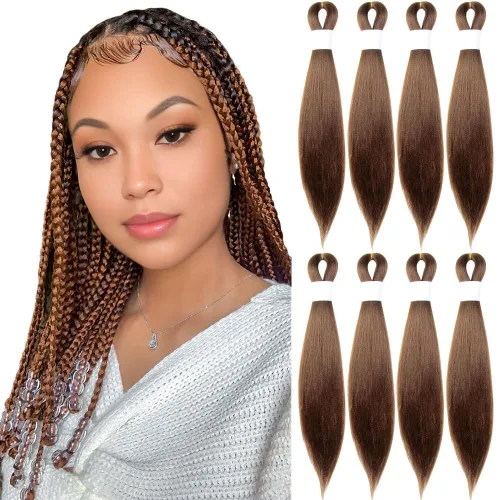 Vista 64 de Cabello trenzado burdeos, 10 pulgadas, 4 paquetes Cabello preestirado, trenzas de ganchillo cortas y rectas, textura Yaki, fibra sintética
