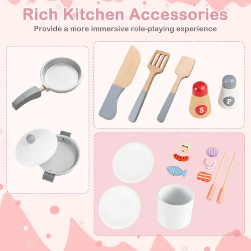 Vista 5 de HONEY JOY Juego de cocina para niños, cocina de madera 3 en 1 para niños pequeños, refrigerador y parrilla de barbacoa, campana extractora, estante