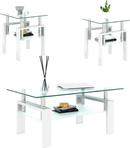 Vista 9 de Juego de 3 mesas auxiliares y mesa auxiliar de cristal, diseño clásico de 2 niveles, parte superior de vidrio templado y patas de metal sólido, uso