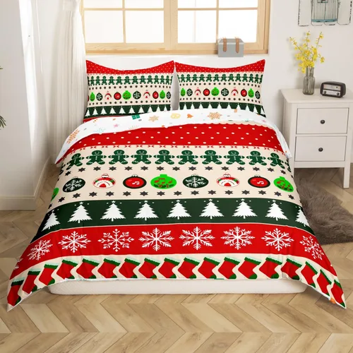 Vista 4 de Funda de edredón de Navidad, tamaño individual, funda de edredón con estampado de copos de nieve de Papá Noel, Año Nuevo, Navidad, decoración