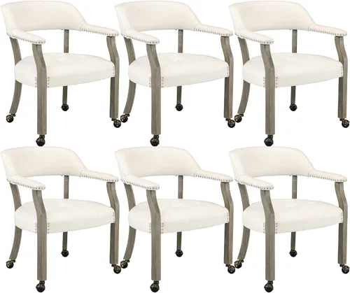 Vista 27 de LEEMTORIG Juego de 2 sillas de comedor con ruedas y brazo, sillas de comedor grandes con ruedas, silla de mesa de póquer de madera maciza, 26