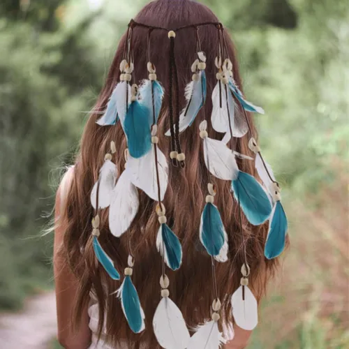 Vista 7 de Diadema de plumas bohemias, disfraz de gitano indio, tocados de concha azul, tocados hechos a mano, accesorios para el cabello de plumas
