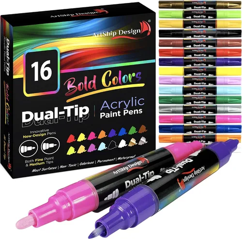 Vista 13 de ArtShip Design 10 rotuladores de pintura acrílica negros, paquete doble de marcadores de pintura de punta extra fina y media, para pintura en roca