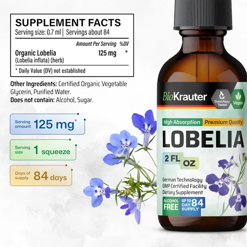 Vista 3 de BIO KRAUTER Lobelia Tintura para limpieza y desintoxicación pulmonar – Extracto líquido de hierba de lobelia vegana pura – 2 onzas líquidas. 84 días