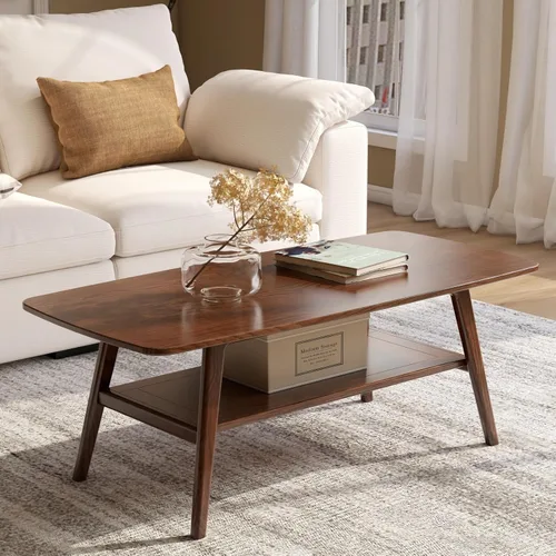 Vista 13 de Mesa de centro 100% de madera de roble maciza para sala de estar, mesa pequeña con almacenamiento en estantes, mesas de centro modernas de mediados
