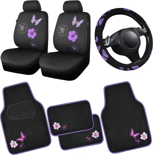 Vista 16 de CAR PASS Juego de fundas universales para asiento delantero de automóvil, diseño de flores bordadas, impermeables, fundas para volante, mariposa