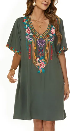 Vista 2 de Grosy Vestidos campesinos mexicanos bordados para mujer, vestido bohemio de fiesta de talla grande para mujer, túnica bohemia floral tradicional