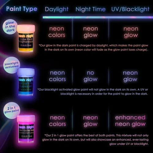 Vista 9 de neon nights, pintura que brilla en la oscuridad luminiscente fosforescente pintura autoluminosa - Juego de 8