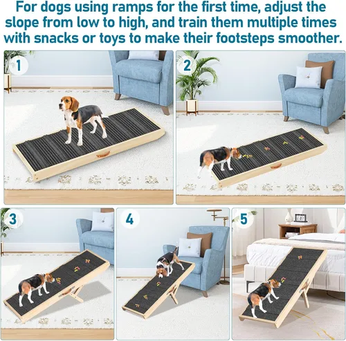 Vista 8 de Tresbro Rampa para perros para cama, 4 niveles ajustables de 14.56 a 24 pulgadas con alfombra antideslizante y asa de transporte, rampa portátil
