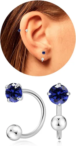 Vista 17 de Pequeños aretes de piedra natal natural de 0.118 pulgadas para mujeres, adolescentes y niñas, pequeños aretes de medio aro para cartílago