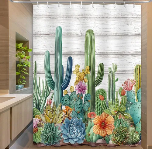 Vista 11 de Cortina de ducha de cactus, plantas tropicales, hojas verdes, suculentas, cactus rosas, rústico, gris, decoración de puerta de granero de madera