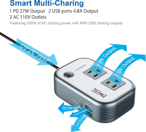 Vista 2 de FOVAL Inversor de corriente para automóvil de 200 W, CC 12 V a 110 V CA, cargador rápido para portátil con convertidor [USB-C PD de 27 W] y puertos
