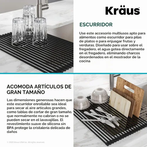 Vista 7 de Kraus Escurreplatos multiusos enrollable para encima del fregadero, con colador y esterilla en negro, KRM-10BLACK