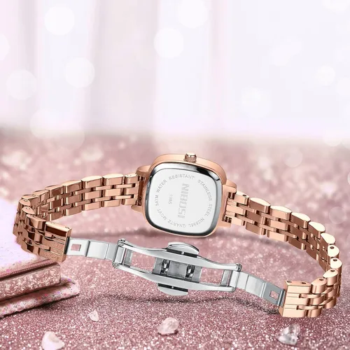 Vista 3 de NIBOSI Reloj analógico cuadrado con esfera verde para mujer, elegante reloj de pulsera con diamantes de oro rosa con correa de acero inoxidable