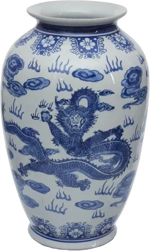 Vista 5 de Red Lantern Jarrón Tung Chi de porcelana floral azul y blanca de 14 pulgadas
