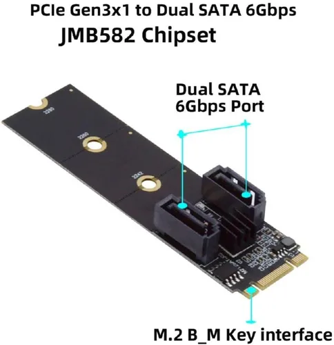 Vista 2 de Cablecc PCI Express NGFF Key B+M a SATA 3.0 6Gbps Dual Puertos Adaptador Vertical Convertidor Disco Duro Tarjeta de Extensión JMB582 2230 2242 2260