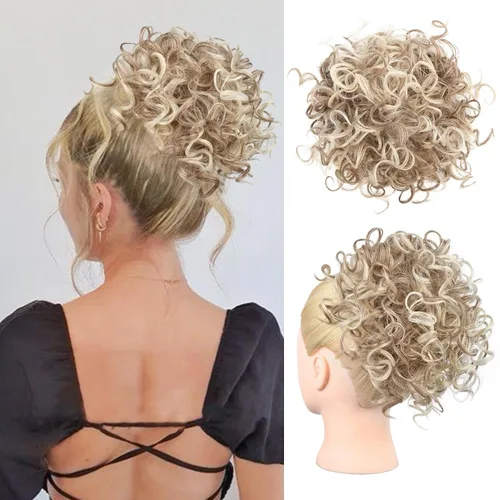 Vista 10 de HOOJIH - Moño desordenado para el pelo, pieza de pelo con cordón elástico, onda suelta, gran moño rizado, corto, extensión de cola de caballo Negro
