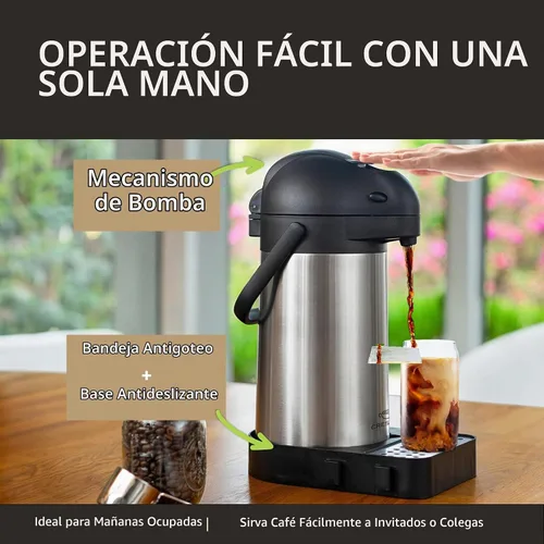 Vista 6 de Jarra de café con bomba y bandeja de goteo, 74 onzas, 2.2 L, 12 horas, jarra térmica para líquidos calientes, dispensador de agua, dispensador