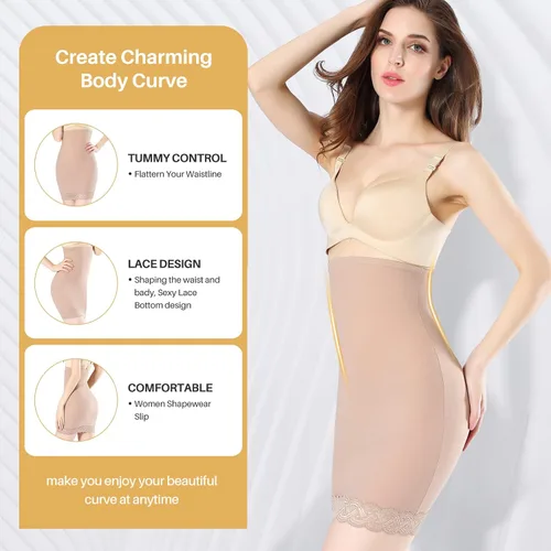 Vista 6 de Medios deslizamientos de encaje para mujer debajo de los vestidos cintura alta control de abdomen por encima de la rodilla media falda moldeadora