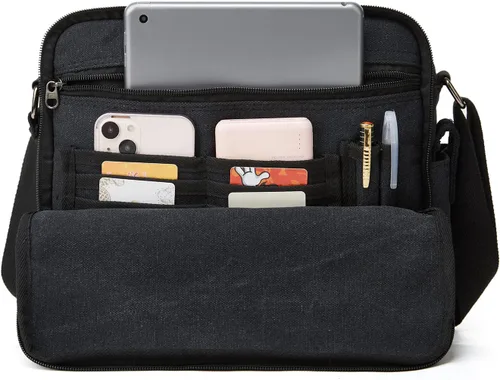 Vista 3 de Ashioup Bolsa de mensajero de lona para hombres con bolsillos de cartera incorporados, bolsa de hombro multifuncional, bolsa cruzada para deportes
