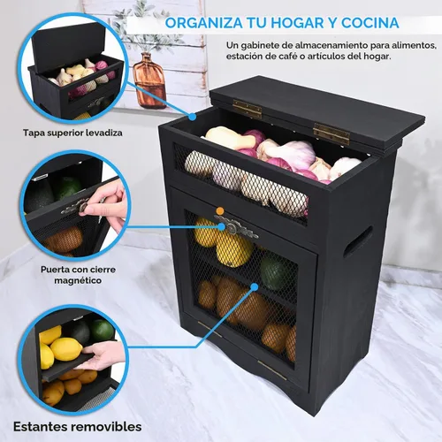 Vista 5 de Ikee Design Caja de Almacenamiento de Madera de Ensamblaje Libre para Encimera de Papas y Cebollas, Gabinete de Encimera, Cajas de Pan de Madera