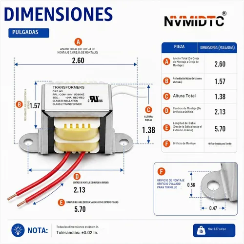 Vista 5 de Transformador de Potencia 12V/10W AC/AC - 110V a 12V, 10VA, Monofásico, Reductor, Garantía de 2 Años UL Recognized Component, Class 2 Step-Down