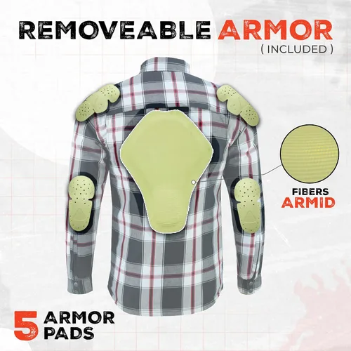 Vista 3 de Camisa de Motociclista para Hombre Daniel Smart Plaid Biker Chaqueta de Franela Desmontable Deportiva Blindada, Cierre con Cremallera y Resistente