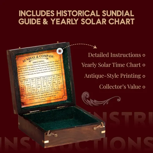 Vista 7 de Brújula grande de reloj de sol de 5 pulgadas con caja de madera de palisandro, reloj de reloj de sol de latón antiguo steampunk perfectamente