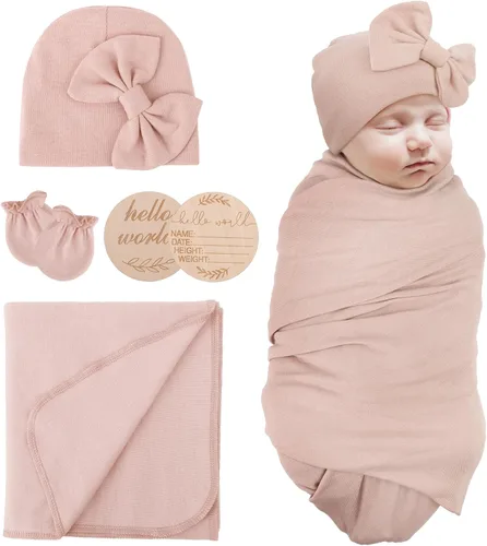 Vista 17 de AQOKKA Manta de Recepción para Recién Nacido con Gorro de Lazo Mitones Juego de Tarjetas de Madera para Recién Nacidos Niños Pequeños Bebé Niño Niña