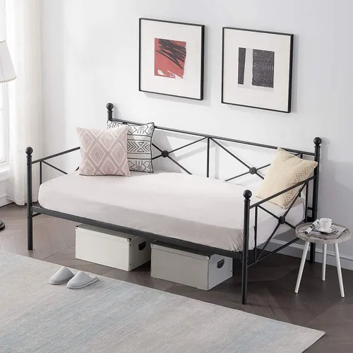 Vista 5 de VECELO Sofá cama individual con cabecero, marco de cama de metal con listones de acero, base de colchón multifuncional/no necesita somier, negro mate