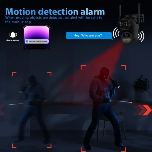 Vista 8 de Cámara de seguridad al aire libre 2.4G WiFi cámaras de seguridad para el hogar al aire libre enlace de doble lente 360° vista con tarjeta SD 128G