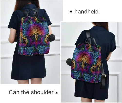 Vista 7 de senya Mochila de moda para mujer, mochila étnica de libélula colorida arcoíris para mujeres y niñas, Libélula étnica, Mochilas Daypack