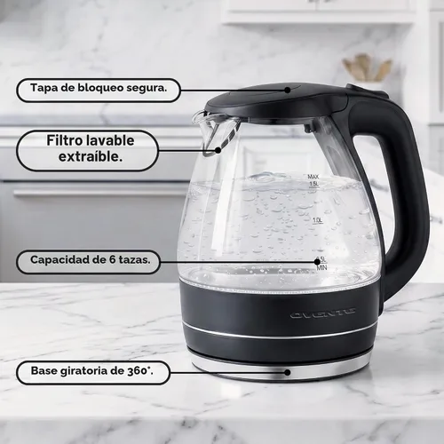 Vista 2 de OVENTE Hervidor eléctrico de 1.5L, calentador de agua de vidrio de borosilicato para encimera y hervidor para café o té, libre de BPA, apagado Negro