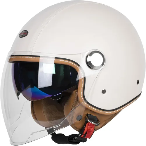 Vista 8 de Cascos de cara abierta para motocicleta, aprobados por el DOT, 3/4, casco para motoneta con visera dual, hebilla de liberación rápida, cascos