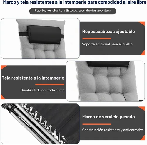 Vista 5 de Tumbonas prémium para exteriores, silla de gravedad cero de gran tamaño Acolchado Gris