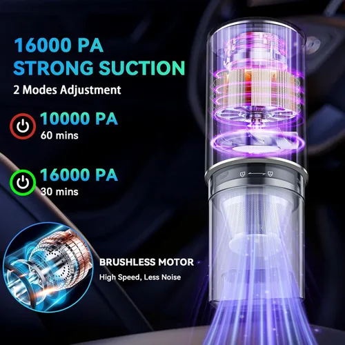 Vista 2 de Aspiradora portátil inalámbrica con motor sin escobillas, potencia de succión de 16000 PA, plumero de aire comprimido 3 en 1 y soplador de aire