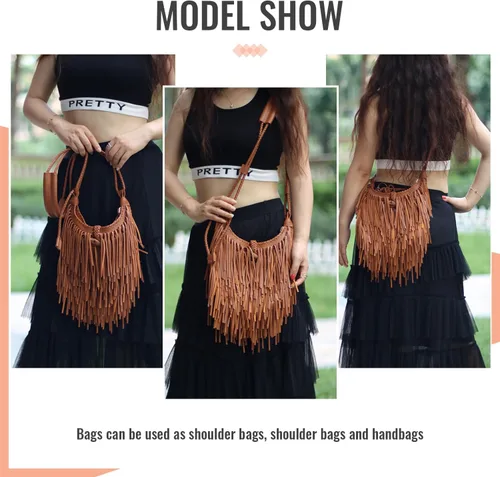 Vista 6 de LUI SUI Bolso vintage con flecos negros con flecos, bolso de hombro Hobo para mujer