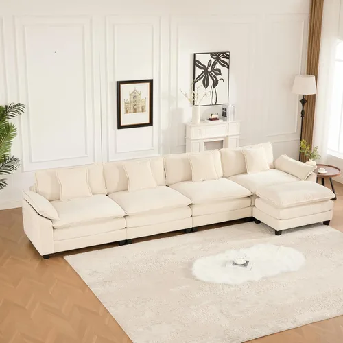 Vista 66 de Sofá seccional modular beige de 117.3", sofás seccionales grandes de 3 plazas para sala de estar, sofá nube oversized de tela chenille con otomana