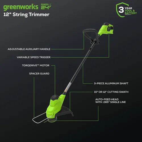 Vista 4 de Greenworks Juego de herramientas de jardín de 5 piezas de 48 V (24 V x 2): cortacésped de empuje de 20 pulgadas, recortadora de cuerdas de 12