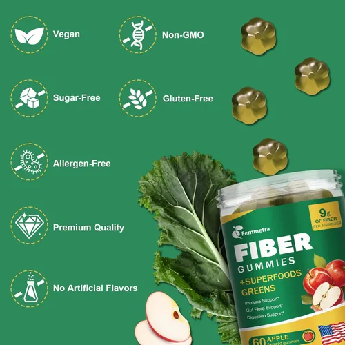 Vista 8 de Gomitas de fibra prebiótica 13 en 1 para adultos - Suplemento de fibra para mujeres y hombres con mezcla de verduras, inulina y ACV