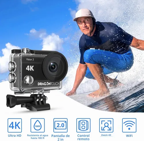 Vista 2 de Dragon Touch Action Camera Vision 3 4K 20MP Cámara impermeable subacuática con control remoto 170° gran angular WiFi Cámara deportiva con kit