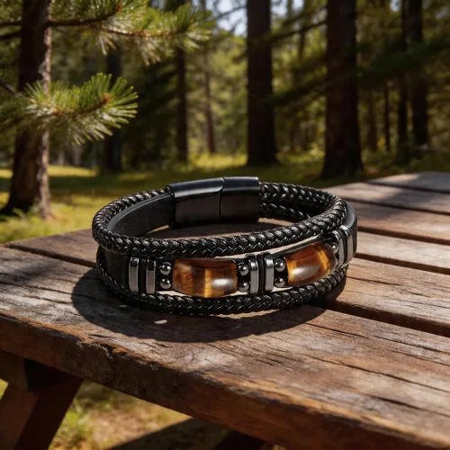 Vista 6 de Pulsera de cuero negro de ojo de tigre para hombre, piedra preciosa de ojo de tigre natural, joyería hecha a mano, pulsera de protección