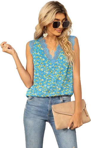 Vista 273 de VIISHOW - Camiseta sin mangas, sexy, con cuello en V y bordes de encaje para mujer, camisola de vestir, camisas de gasa, sin mangas, casuales