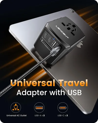 Vista 3 de LENCENT Adaptador de corriente de viaje universal, adaptador de enchufe de CA internacional con 2 puertos USB C 2 USB A, cargador de pared para Negro