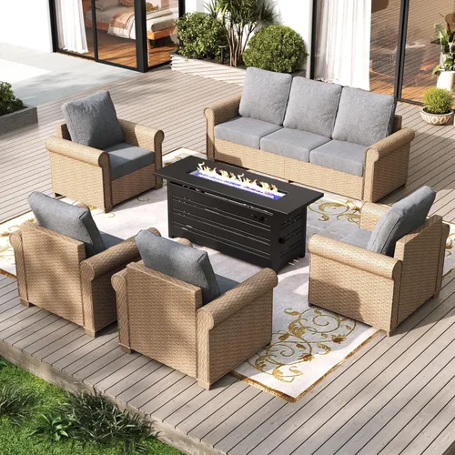 Vista 13 de SUNSHINE VALLEY - Juego de conversación de mimbre para patio de 4 piezas con mesa auxiliar Beige
