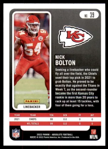 Vista 2 de Cartas coleccionables de fútbol de Nick Bolton Kansas City Chiefs 2022 Absolute #39