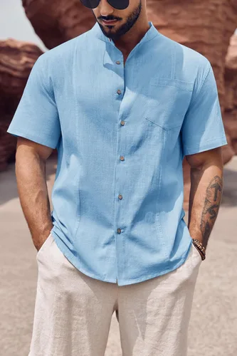 Vista 3 de Makkrom Camisa guayabera de lino para hombre, con botones, manga corta, casual, cubana, mexicana, cuello de banda, tops de verano para la playa