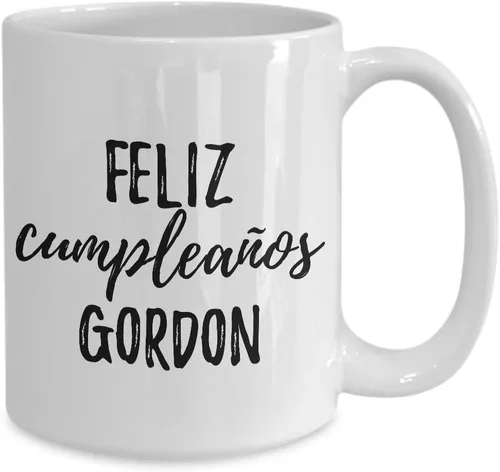 Vista 2 de Feliz Cumpleanos Gordon Taza española de feliz cumpleaños personalizado con nombre para regalo, taza de café y té, grande, 15 onzas