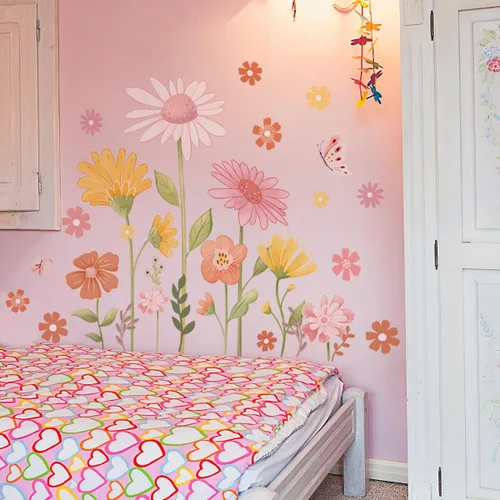 Vista 3 de Calcomanías de pared de flores bohemias, calcomanías de pared de margaritas y mariposas, PVC impermeable, autoadhesivas, arte floral, retro, se