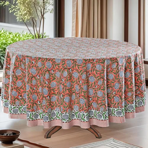 Vista 30 de Mantel redondo con estampado de bloque a mano, 100% algodón, reutilizable, turquesa, verde musgo, 90 pulgadas, mantel decorativo para uso diario